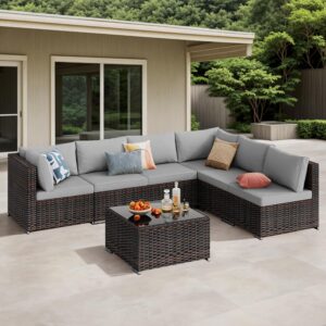 7-Piece Outdoor Sectional Patio Furniture Set, PE Rattan Outdoor Furniture Patio Conversation Set with Cushions and Glass Coffee Table (Brown Rattan, Grey Cushion)