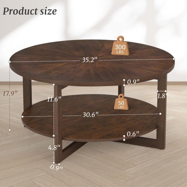 Round Coffee Table, 35" Rustic Modern Circle Coffee Tables with 2-Tier Storage Shelf, Sofa Table, Cocktail Table for Living Room, Dark Walnut - Image 2