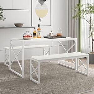 VECELO Kitchen Dining Table Set for 4, 55" Wood Rectangle Dinette with 2 Benches, Heavy-Duty Metal Frame for Small Space, Breakfast Nook, White