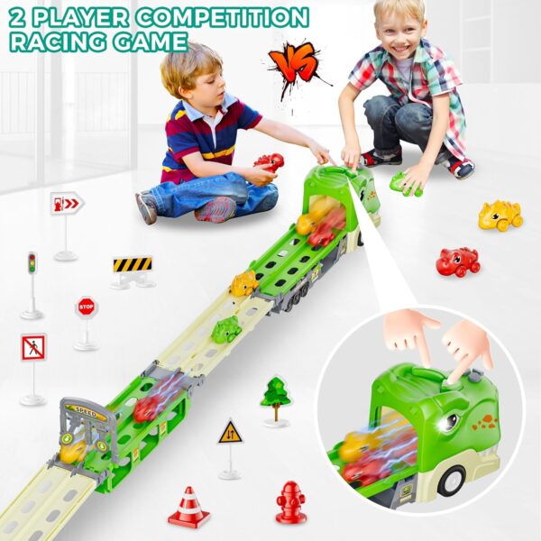 Dinosaur Truck Toys for 2 3 4 5 6 7 Year Boy Toddler, Foldable Track & 2 Player Race Mode, Light & Sound Transport Carrier W/ 6 Dino Car & 12 Accessories, Birthday Gift Idea for Kids Girls - Image 3