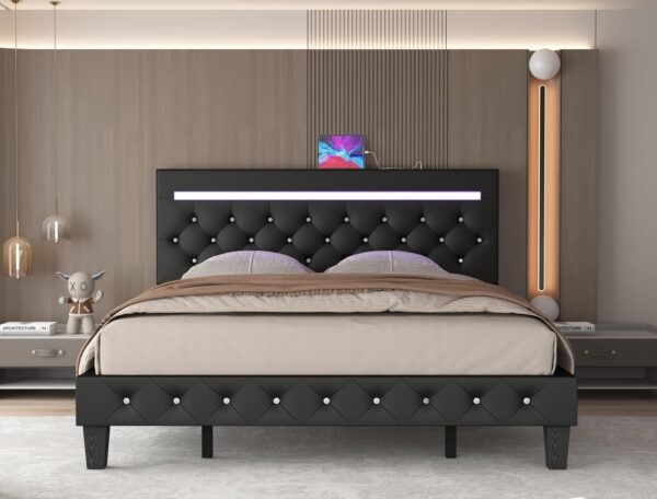 Full Size Bed Frame with LED Lights, Upholstered Platform Bed Frame with Adjustable Headboard and Charging Station, Wooden Slats Support, Easy Assembly, No Box Spring Needed, Black - Image 3