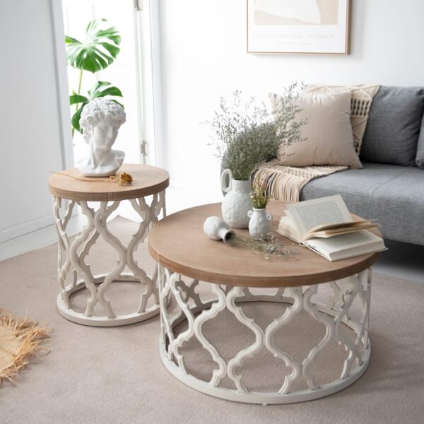 Rustic Farmhouse Coffee Table, Distressed Wood Top Table with Curved Motif Frame Base for Boho, French Country Decor, Round - Image 5