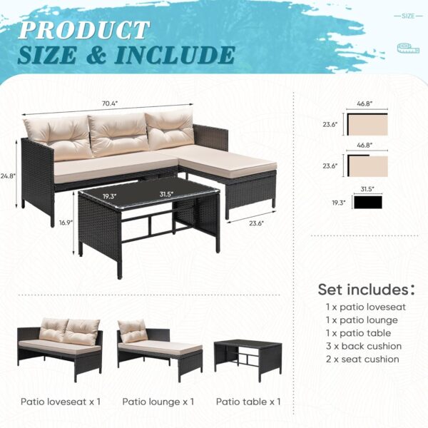 Greesum 3 Piece Patio Furniture Set Outdoor Wicker Rattan Sectional Sofa with Cushions & Coffee Table for Yard, Garden, Porch, Poolside, Beige - Image 7