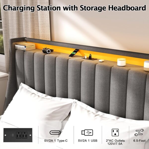 Full Bed Frame with Charging Station and 2 Storage Drawers, Upholstered Full Size Bed Frame with RGB LED Lights Headboard, No Box Spring Needed, Easy Assembly, Gray - Image 4