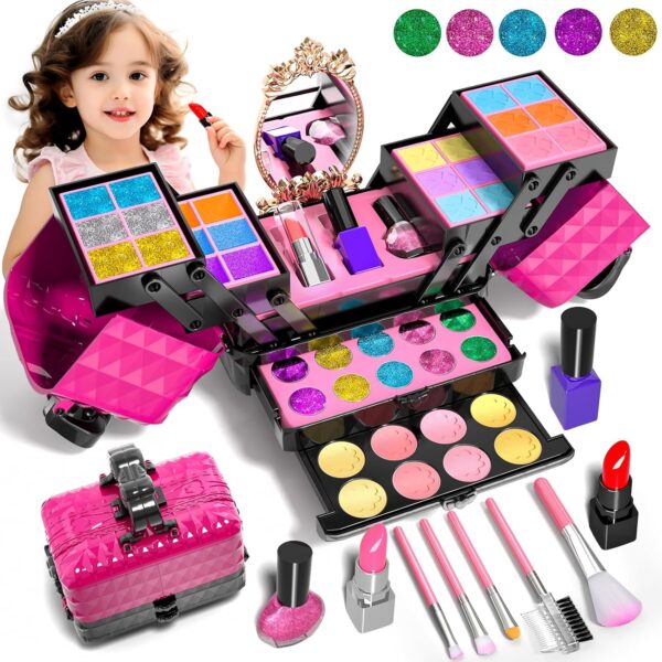 Kids Makeup Kit for Girl, 52 Pcs Pretend Makeup for Toddlers Kids, Washable Non Toxic Make Up for Girls, Pretend Play Toy Makeup Set Birthday for Little Girls Age 3 4 5 6 7 8 Years Old