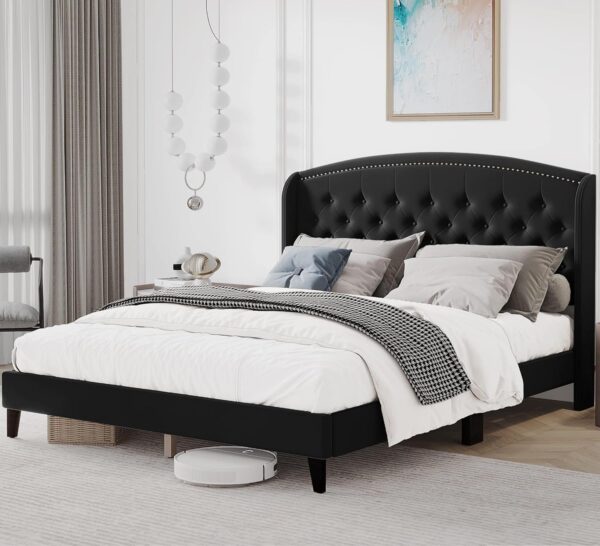Homhougo Full Size Bed Frame, Upholstered Platform Bed with Wingback Headboard and Button Tufted Design, Wood Slat Support, Easy Assembly, No Box Spring Needed, Black - Image 3