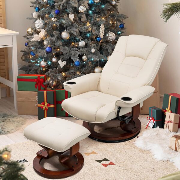 AVAWING Reclining Chair with Vibration Massage Faux Leather Recliner with Ottoman Swivel Wood Recliner Chairs for Living Room, Beige - Image 2