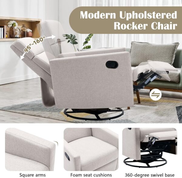 Merax Modern Soft Linen Push Back Rocker Recliner w/Headsupport Adjustable Nursery Glider Chair for Living Room, Bedroom, Set of 1, Tan-Swivel - Image 6