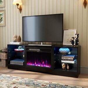 COCO DESIGN Fireplace TV Stand with 23" Fireplace, Electric Fireplace TV Console for TVs up to 75", LED Lights Wood and Glass Entertainment Center & Remote Control, Black