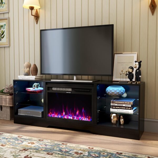 COCO DESIGN Fireplace TV Stand with 23" Fireplace, Electric Fireplace TV Console for TVs up to 75", LED Lights Wood and Glass Entertainment Center & Remote Control, Black