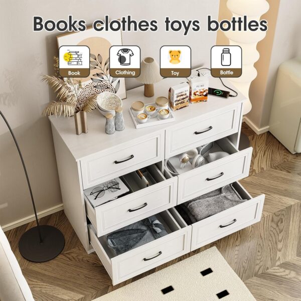 Fameill Dresser for Bedroom, 6 Drawer Wide Dresser Organizer with Charging Station, Tall Dresser for Hallway, Wood Dresser with Metal Handles, Woodgrain White - Image 5
