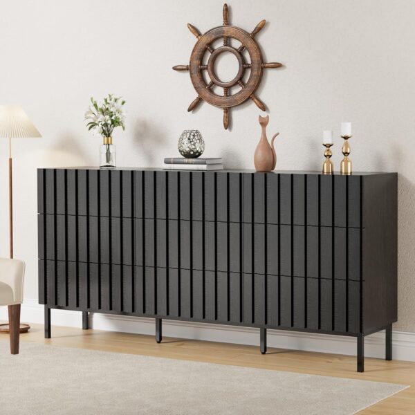 UEV Modern 9 Drawer Dresser for Bedroom,59" Mid Century Modern Dresser,Fluted Dresser Natural Wood Dresser with Panels for Handle,Long Chest of Drawers TV Stand Dresser for Bedroom,Living room,Hallway