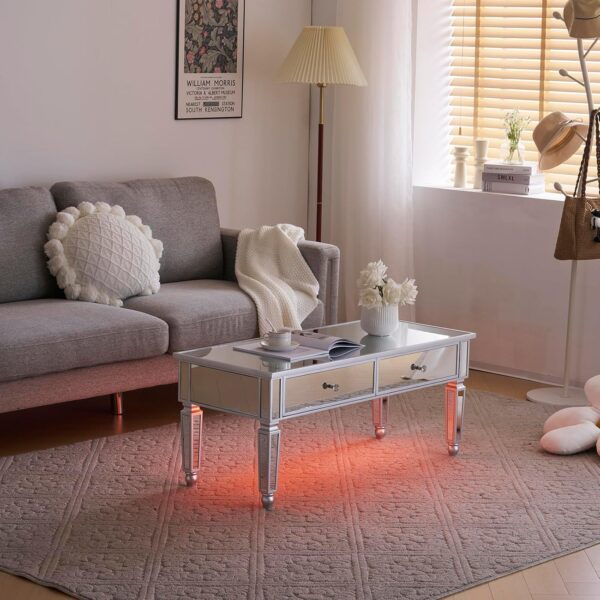 Karl home Silver Coffee Table for Living Room, Modern Mirrored Coffee Table with LED Lights, French Country Design Luxury Mirror Coffee Table with 2 Drawers, Crystal Diamond Knobs - Image 5