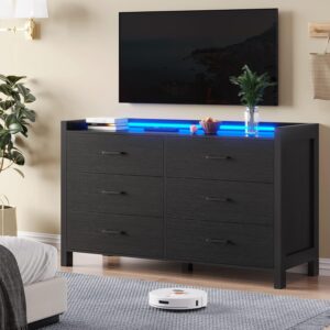 Hasuit Black Dresser for Bedroom with LED Lights, Large Capacity Wooden Storage Cabinet, Chest of 6 Drawers Dresser, LED Dresser for Hallway, Entryway (Modern Black)