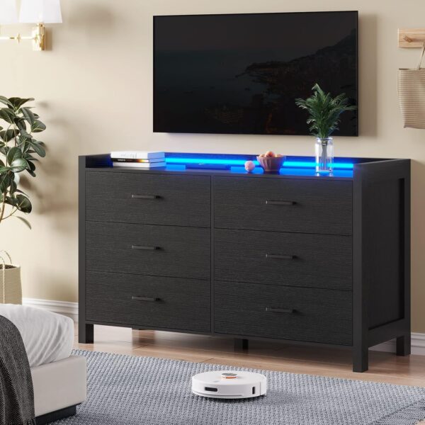 Hasuit Black Dresser for Bedroom with LED Lights, Large Capacity Wooden Storage Cabinet, Chest of 6 Drawers Dresser, LED Dresser for Hallway, Entryway (Modern Black)