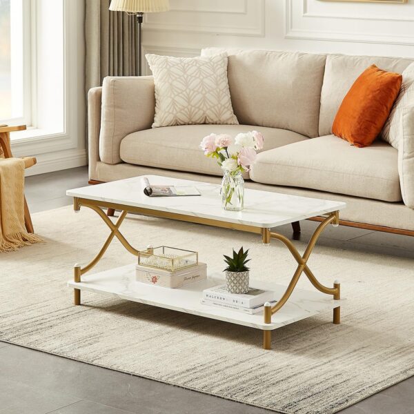 VECELO White and Gold Coffee Table with Storage and Open Shelves for Living Dining Room 39-Inch, Modern Rectangle & Industrial Design, X-Shape Frame, Easy Assemble - Image 6