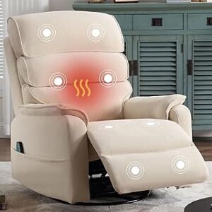 Massage Swivel Recliner Chair, Oversized Rocking Recliner Chair with Vibration & Heat, Ergonomic Power Single Sofa Chair for Living Room with Side Pockets & USB Charge Port, Comfy Cotton Fabric, Beige