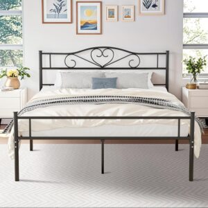 VECELO Metal Platform Bed Frame with Headboard & Footboard, Steel Slats Mattress Foundation, No Box Spring Needed, Queen, Charcoal Black
