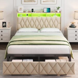 Full Size Bed Frame with 2 Storage Drawers, Upholstered Full Bed Frame with LED Lights Headboard and Charging Station, No Box Spring Needed, Easy Assembly- Beige