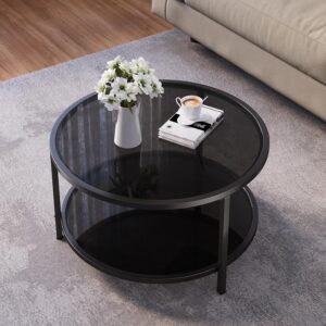 SAYGOER 27.6'' Round Coffee Table 2 Tier Black Glass Coffee Tables with Storage Shelf for Large or Small Space Modern Simple Sofa Table for Living Room Home Office, Easy Assembly…
