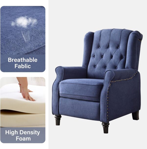 Bonzy Home Living Room Chair, Push Back Recliner Chair, Mid Century Modern Wingback Chair, Comfy Fabric Arm Chair with Rivet Decoration, Button-Tufted Back, Solid Wood Legs, Blue - Image 5