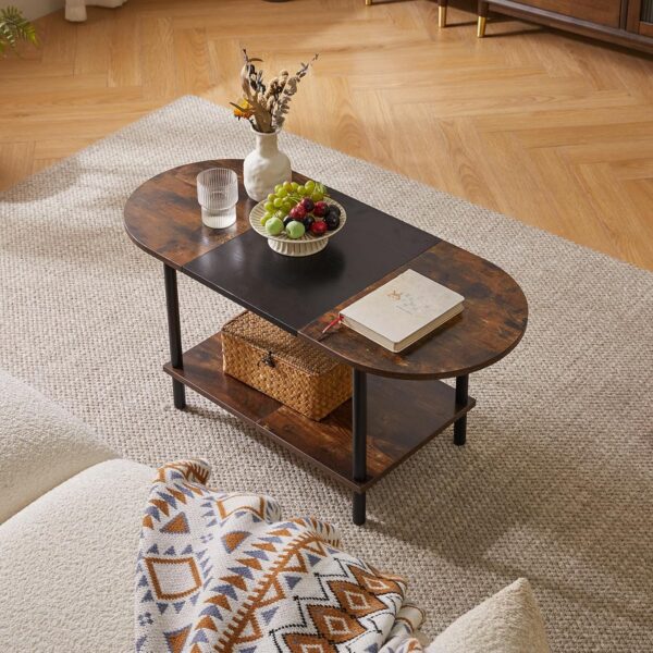 Mid Century Modern Coffee Table, Rustic Coffee Table Unique Color Contrast Design, 2-Tier Center TV Table 35x16x17in Rustic Brown + Black YD-011BH - Image 2