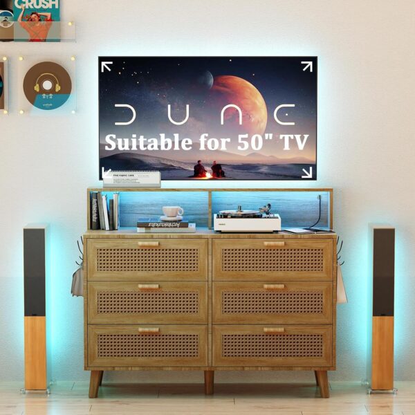 Dresser for Bedroom, 6 Drawer Boho Dresser with LED Light, Rattan Chest of Dressers, Modern Wood Dresser Chest, BesideTable for closet,Storage Organizer Cabinet for Hallway Entryway LivingRoom Natural - Image 6