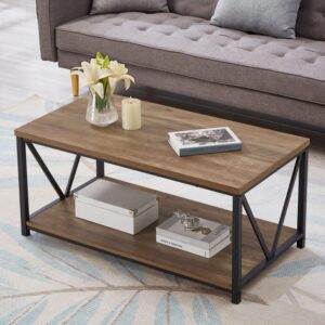 FOLUBAN Modern Coffee Table, Living Room Center Table with Storage, Wood and Metal Cocktail Table, Rustic Oak, 47 Inch