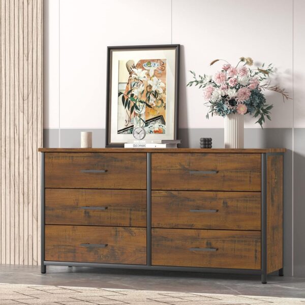 IKENO 6 Drawer Double Dresser, Industrial Wood Dresser for Bedroom, Storage Cabinet with Sturdy Steel Frame - Image 3