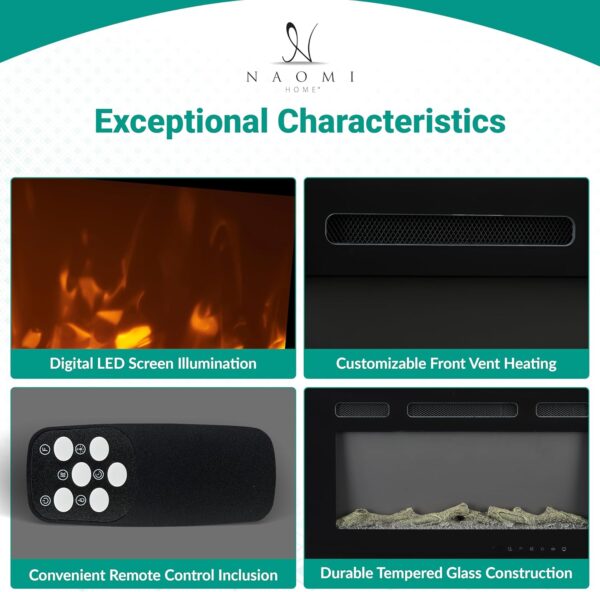 Electric Fireplace 30" with Remote and Touch Screen, Electric Fireplace Inserts Recessed, 12 Flame Colors Electric Fireplace Heater, Wall Mount Fireplace with Carbon & Crystal Logs, 750W/1500W - Image 4