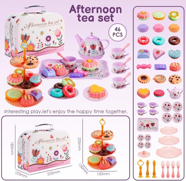 MAMPO 46PCS Tea Set for Little Girls, Princess Tea Time Pretend Kitchen Toy with Biscuits, Teapot, Cake, Dessert, Carrying Case, Donut for Kids Girls Boys - Image 3