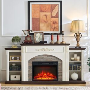 72" Electric Fireplace with Mantel, White TV Stand for TVs Up to 80 Inch, Farmhouse Entertainment Center with Storage for Bedroom,23'' Fireplace Insert Heater for Living Room