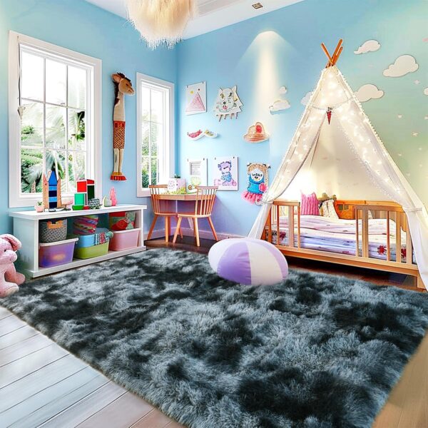 Anti-Skid Rectangular Fuzzy Rug Fluffy Rug for Living Room Non-Slip Shag Fuzzy Rug for Nursery Tie-Dyed Blue Grey Rectangle 5x7 Feet - Image 2