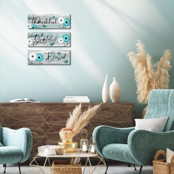 Geetery 3 Pcs Thankful Grateful Blessed Wooden Signs Rustic Daisy Wood Wall Decor Inspirational Wall Art Signs Rustic Wooden Hanging Decorations for Bedroom Kitchen Living Room Bathroom Home (Teal) - Image 4