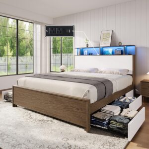 AMERLIFE Queen Size Bed Frame with 49.2" Tall Bookcase Headboard and LED Light, Storage Platform Bed with Charging Station and 4 Drawers, No Box Spring Needed/Noise-Free, Rustic Brown