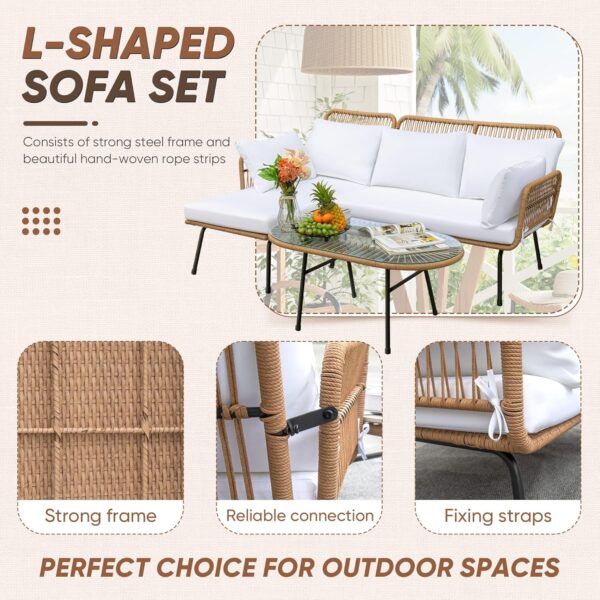 Devoko Outdoor Patio Furniture Set, Outdoor Sectional Conversation Rope Woven L-Shaped Sofa Set with Patio Table and Thick Cushions for Backyard Porch Balcony Garden, White - Image 4