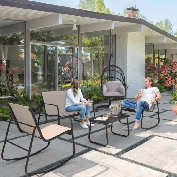 YITAHOME 4 Piece Patio Furniture Set, Small Backyard Bistro Rocking Chairs, Loveseat and Glass Table, Textilene Outdoor Conversation Set for Lawn, Garden, Balcony, Poolside (Brown) - Image 7