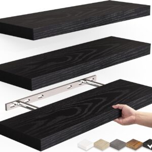 BAYKA Floating Shelves for Wall, Wall Mounted Rustic Wood Shelves for Bathroom, Bedroom, Living Room, Kitchen, Hanging Shelf for Books/Storage/Room Decor with 22lbs Capacity (Black, Set of 3, 16in)