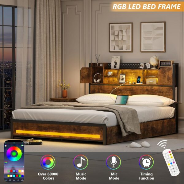LED Bed Frame Full Size with Storage Headboard & 4 Storage Drawers, Full Bed Frame with Outlets and USB Ports, Metal Platform Bed Full with LED Lights, No Box Spring Needed, Vintage Brown - Image 4