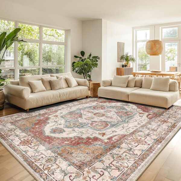 5x7 Area Rugs Machine Washable 5x7 Rug Low Pile Carpet No Shedding Area Rugs for Living Room Bedroom Dining Room Kitchen Entrance Indoor-Brick/Pink - Image 2