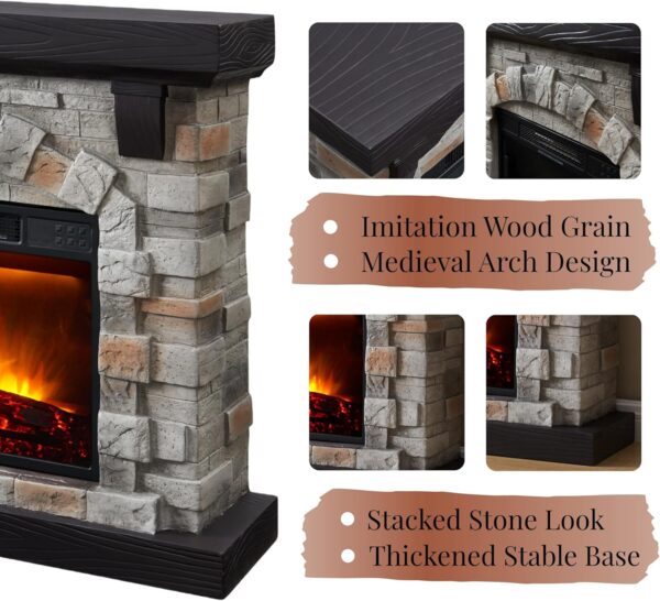 Electric Fireplace with Mantel, 40”W Faux-Stone Fireplace Mantel，Tall Fire Place Heater Freestanding with LED Flame for Living Room Bedroom, 40”Wx12”Dx35”H, Gray - Image 3