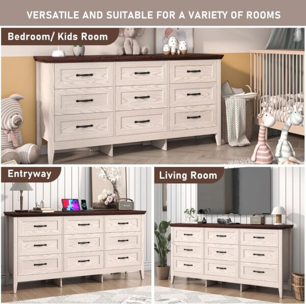 Farmhouse 9 Drawers Dresser, 63` Wood Dresser for Bedroom Wide Chest of Drawers, French Country Storage Double Dressers Organizer for Bedroom, Living Room, Nursery(Beige) - Image 6