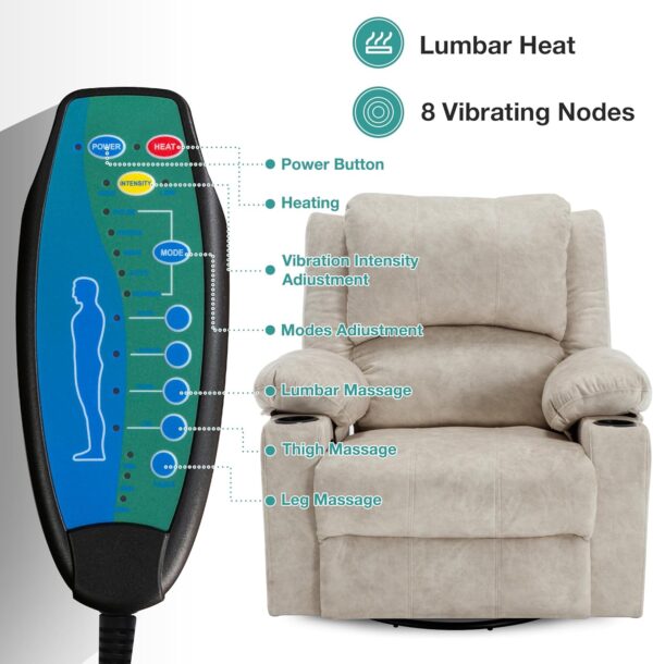 Massage Recliner Chair for Adults 360°Swivel Rocker Recliner Chair with 8Point Massage and Heat, Oversized Soft Fabric Recliner Chair for Living Room Home Theater Reclining Sofa Chair Beige - Image 7