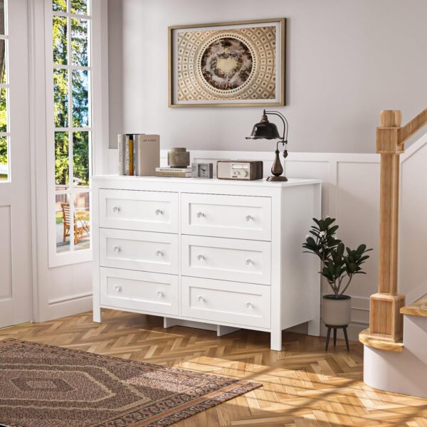 HAIOOU 6 Drawer Double Dresser, White Modern Chest of Drawers with Deep Drawers, Charging Station and Crystal/Black Handles, Wooden Drawer Storage Organizer Cabinet for Bedroom, Living Room - Image 6