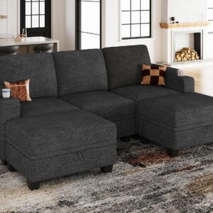 Belffin Small Modular Sectional Couch for Living Room. U Shaped Sofa Couch with Storage Ottoman. Armrest with Cup Holder. Dark Gray Couch.
