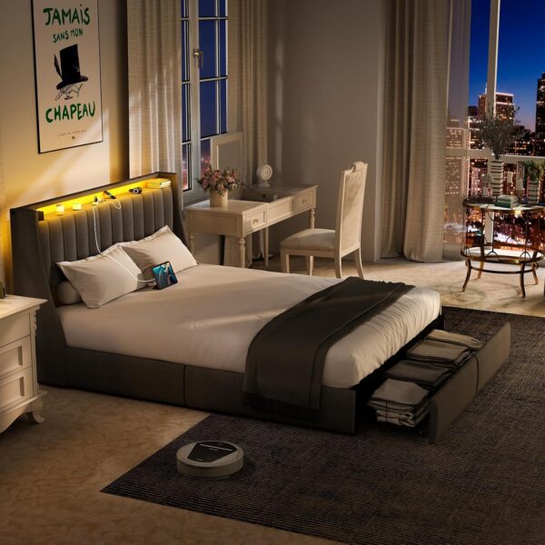 Full Bed Frame with Charging Station and 2 Storage Drawers, Upholstered Full Size Bed Frame with RGB LED Lights Headboard, No Box Spring Needed, Easy Assembly, Gray - Image 3
