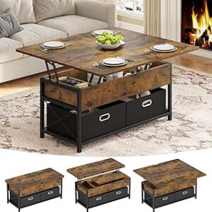 Lift Top Coffee Table, 4 in 1 Multi-Function Dining Table with Hidden Compartment and 2 Drawers, Convertible Square Center Table for Living Room Reception Home Office(Rustic Brown)