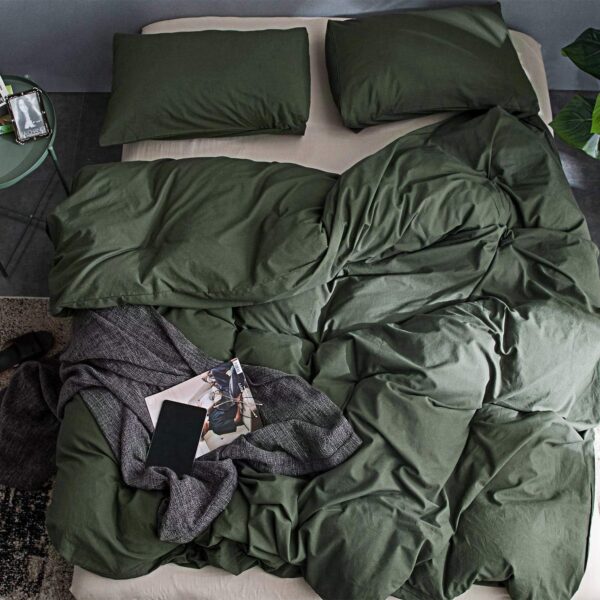 ECOCOTT 3 Pieces Duvet Cover Queen 100% Washed Cotton 1 Duvet Cover with Zipper and 2 Pillowcases, Ultra Soft and Easy Care Breathable Cozy Simple Style Bedding Set (Avocado Green) - Image 3