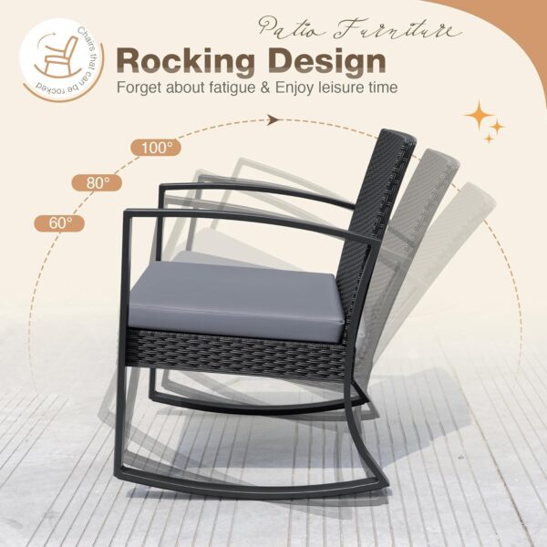 Greesum 3 Pieces Outdoor Furniture Set Patio Bistro Rocking Chairs with Glass Coffee Table for Pool Beach Backyard Balcony Porch Deck Garden, Gray - Image 5