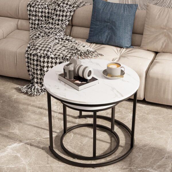 aboxoo Round Nesting Coffee Table Side Table Set of 2 End Tables for Living Room Bedroom Balcony, White Faux Marble Wooden Table Accent Coffee Table with Black Steel Frame - Image 7